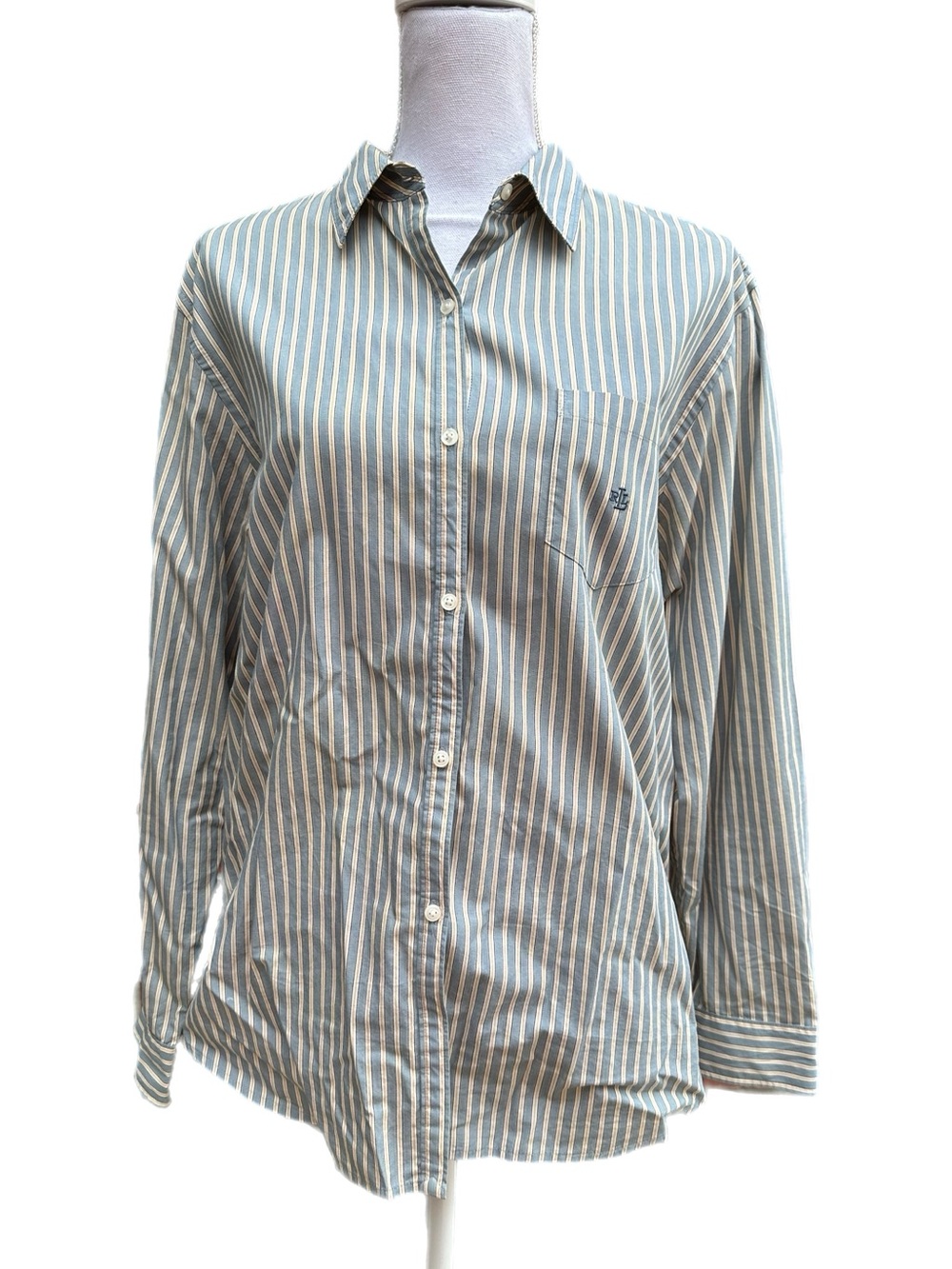 Ralph Lauren Blue, Tan, and White Striped Button Down Classic Fit Women’s Top
